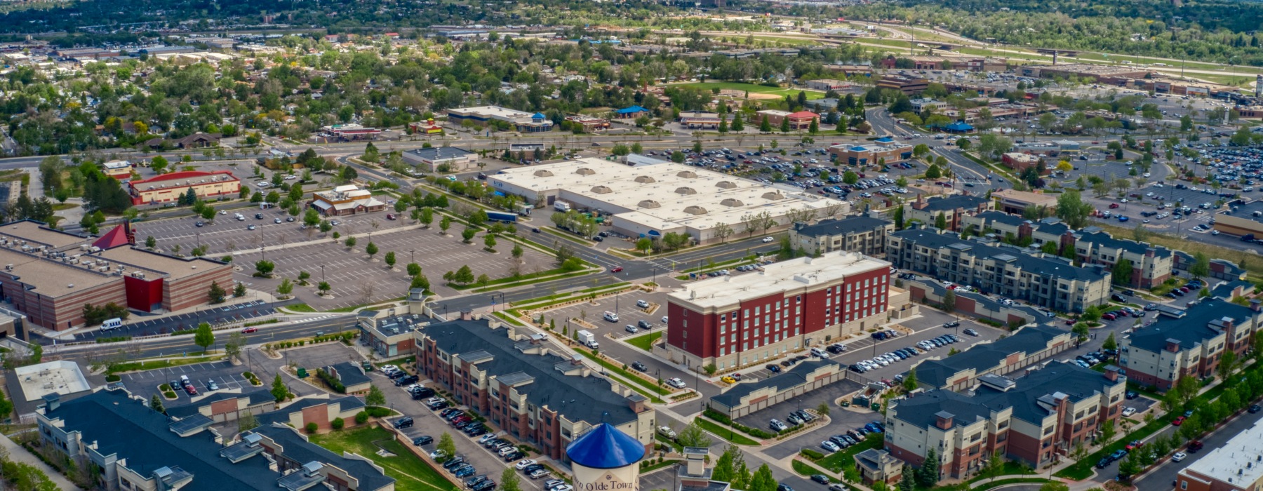 Aerial view of The Russell apartments near Sloan's Lake and Golden, CO