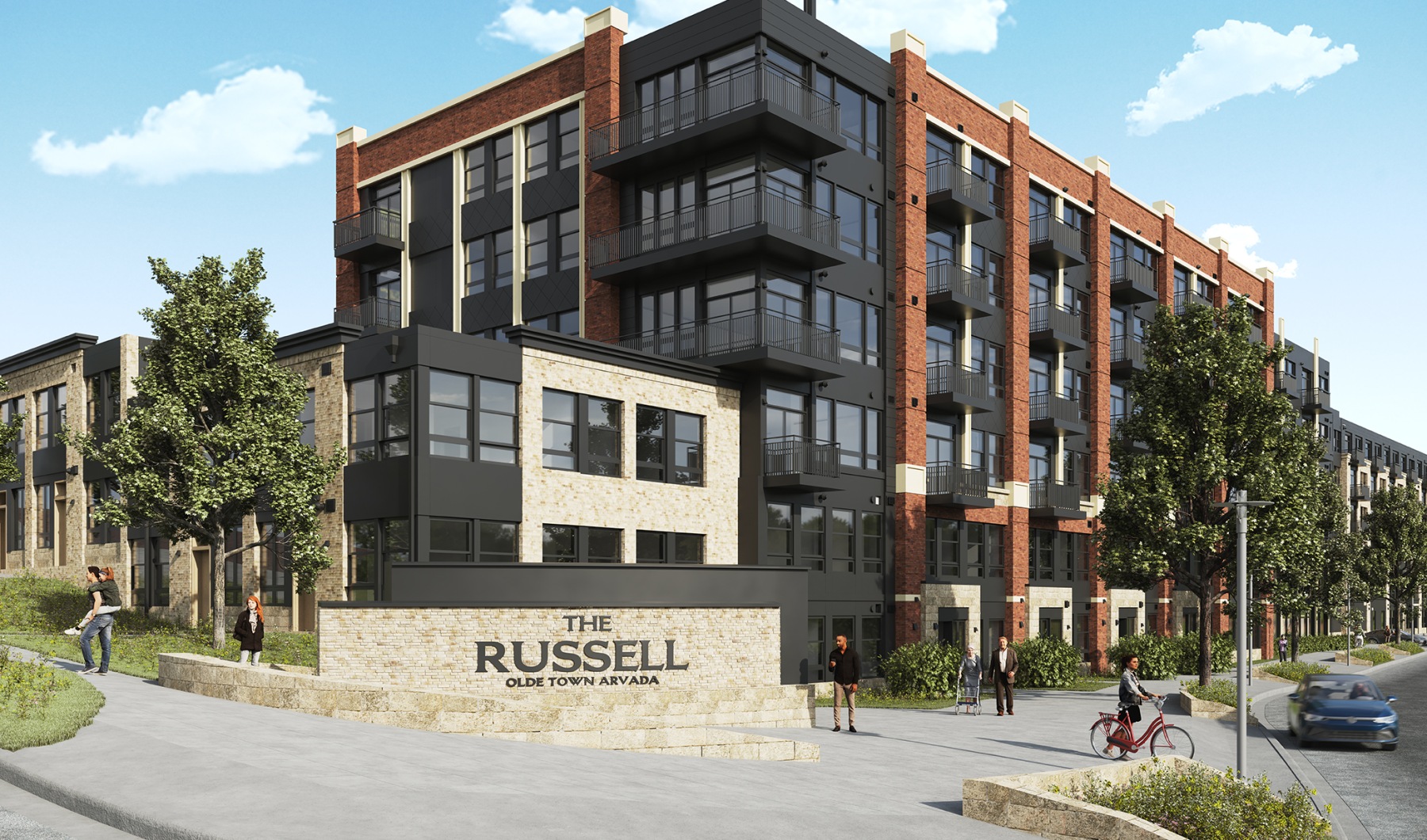 Exterior view of The Russell Olde Town Arvada apartments