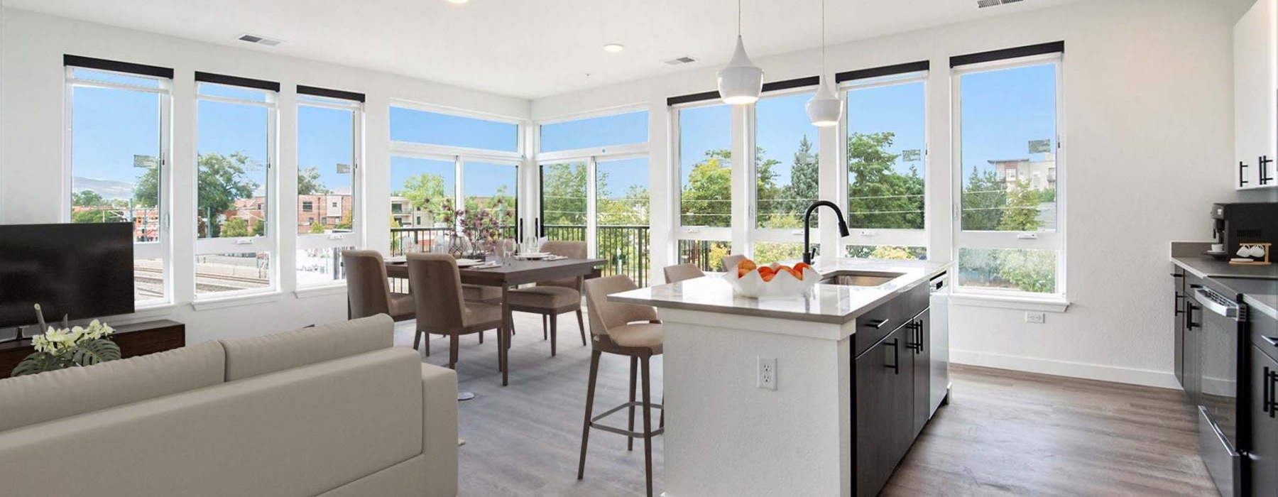 a large kitchen with a large window