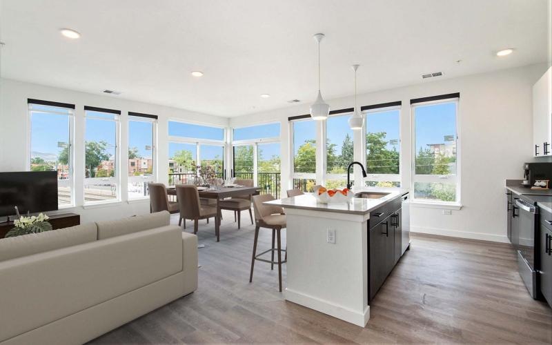 a large kitchen with a large window